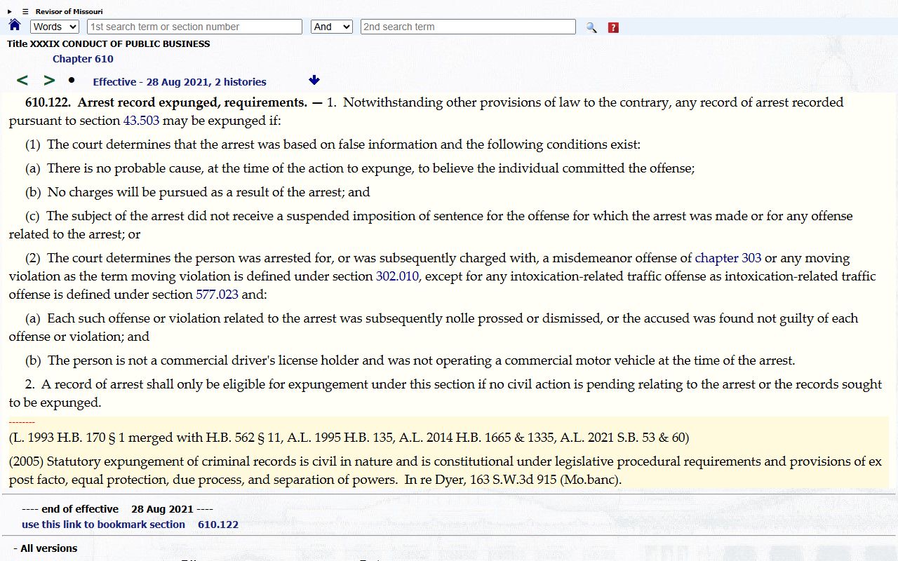 Chariton County arrest records and court charges Missouri arrest expungement statute