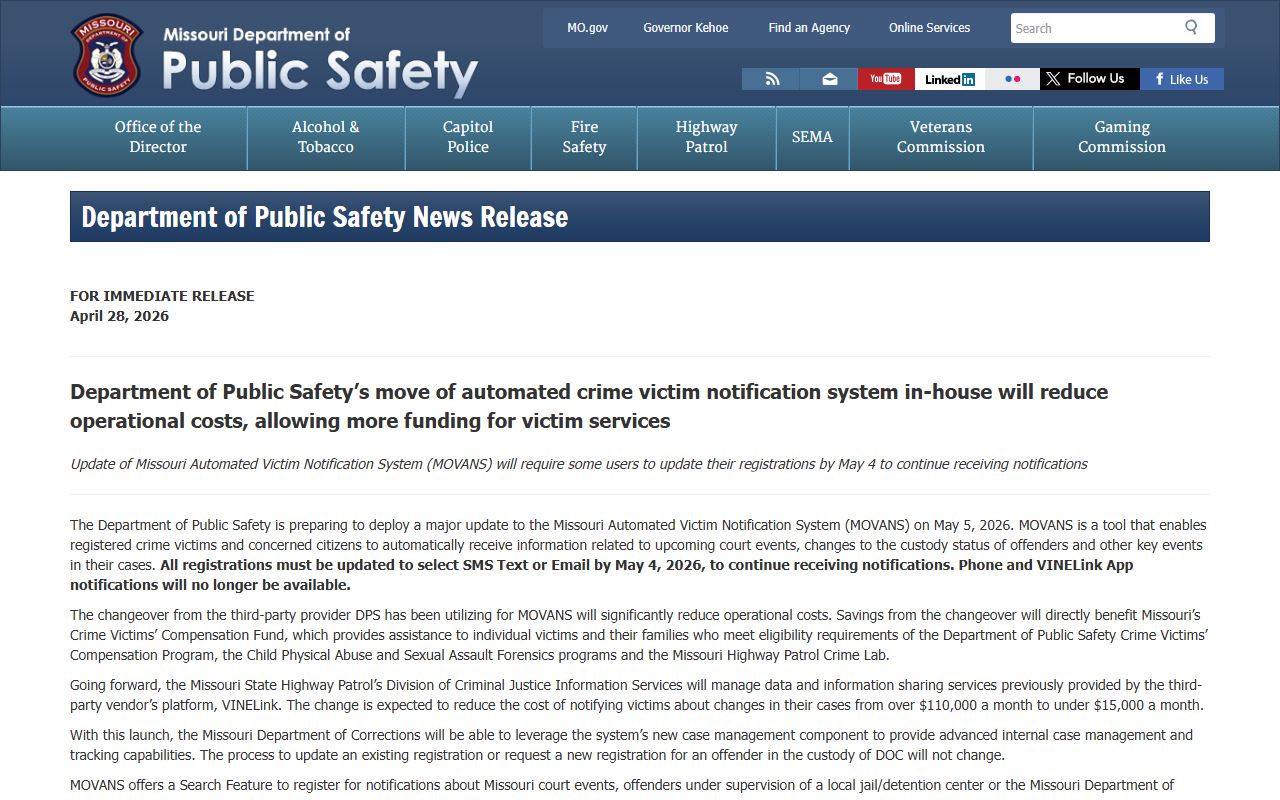 Chariton County inmate records Missouri MOVANS notification notice