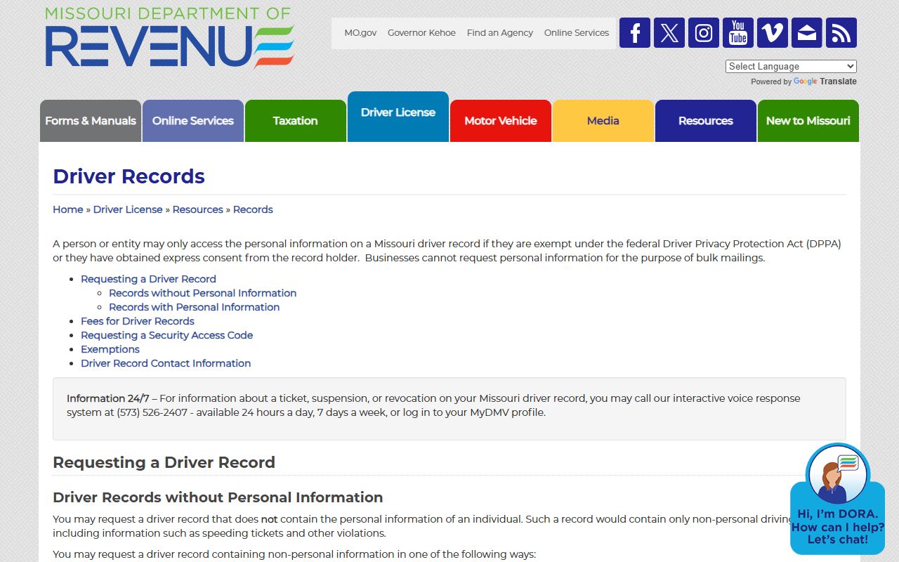 Chariton County traffic court records Missouri DOR driving record page